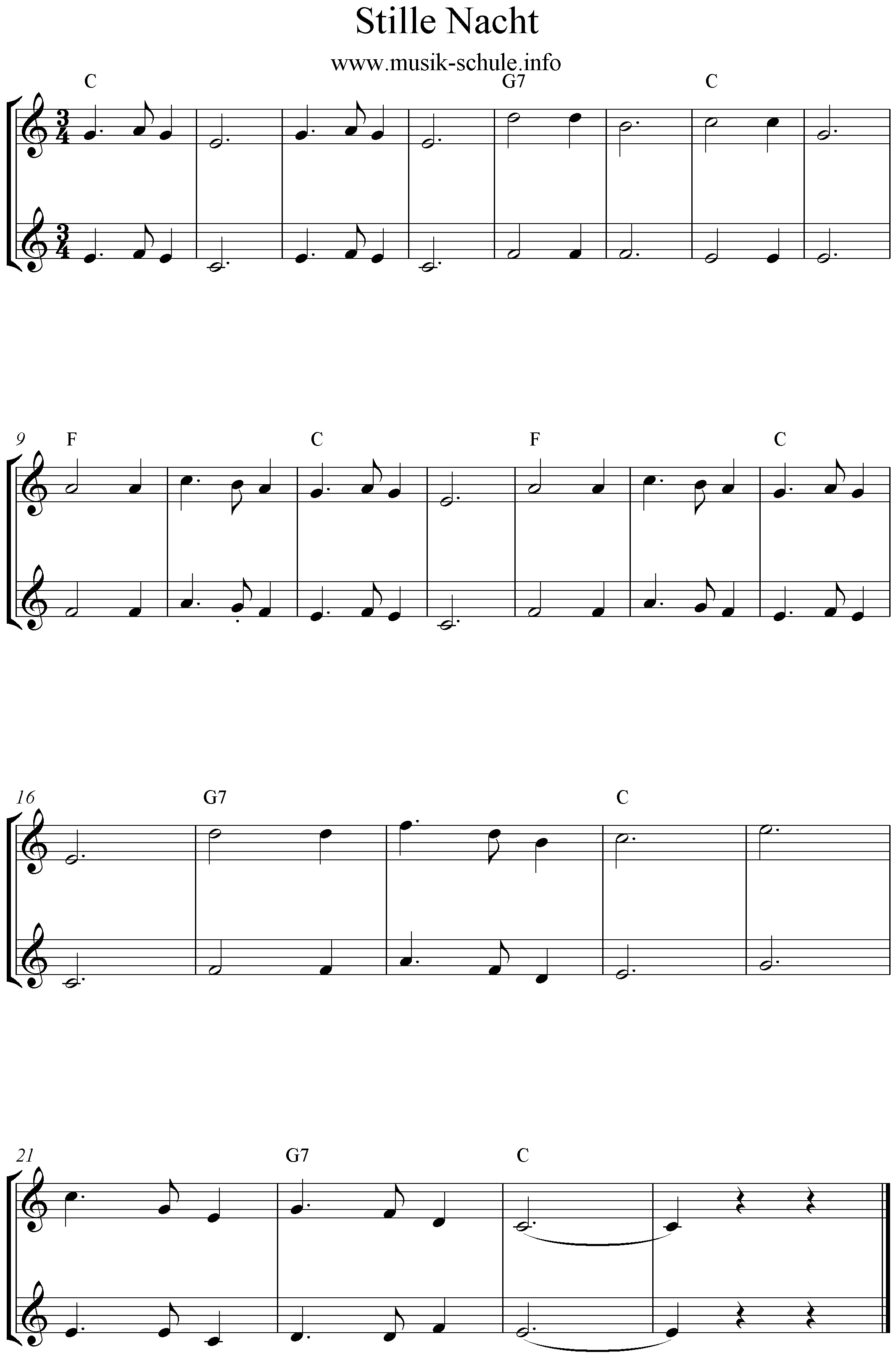 Noten Stlle Nacht C-Dur, Blockflöte, 2stimmig